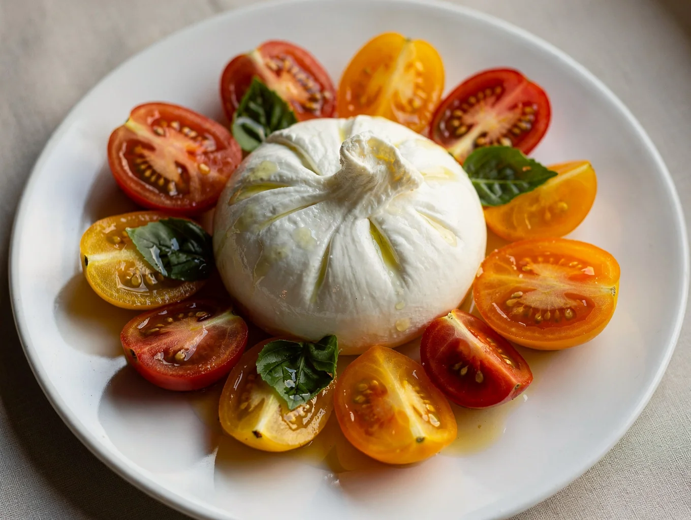 Creamy burrata cheese with heirloom tomatoes and olive oil