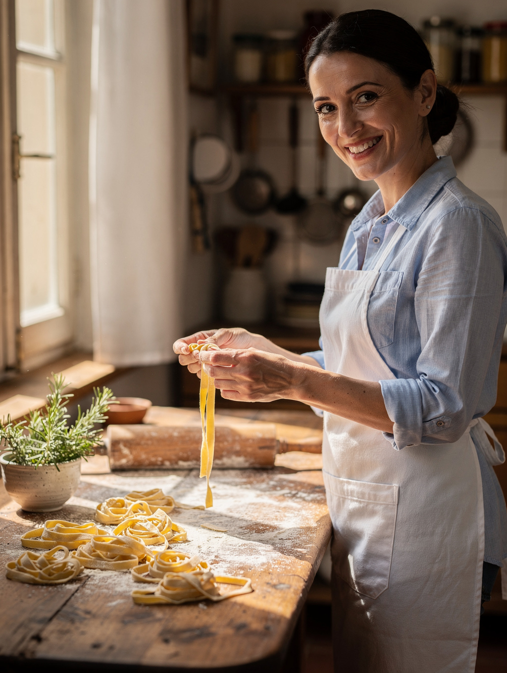 Sous Chef Elena Rossi shaping fresh pasta dough