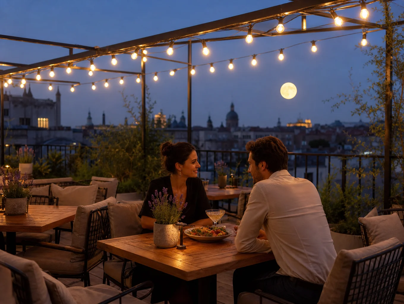 Evening view of the restaurant terrace with soft lighting