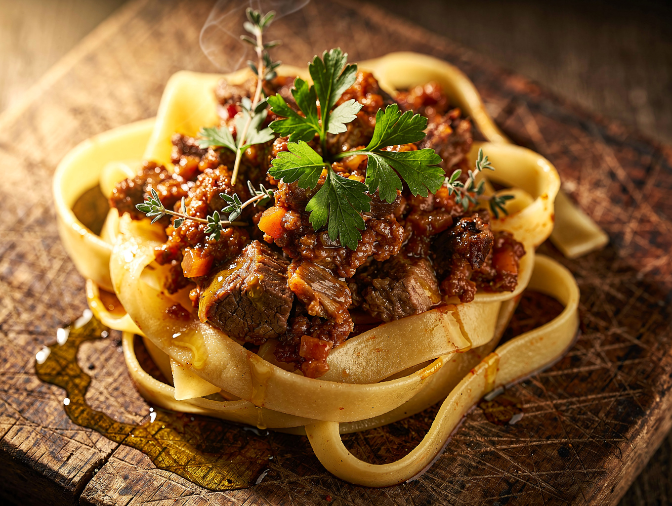 Hand-rolled pappardelle pasta with rich ragu on a ceramic plate