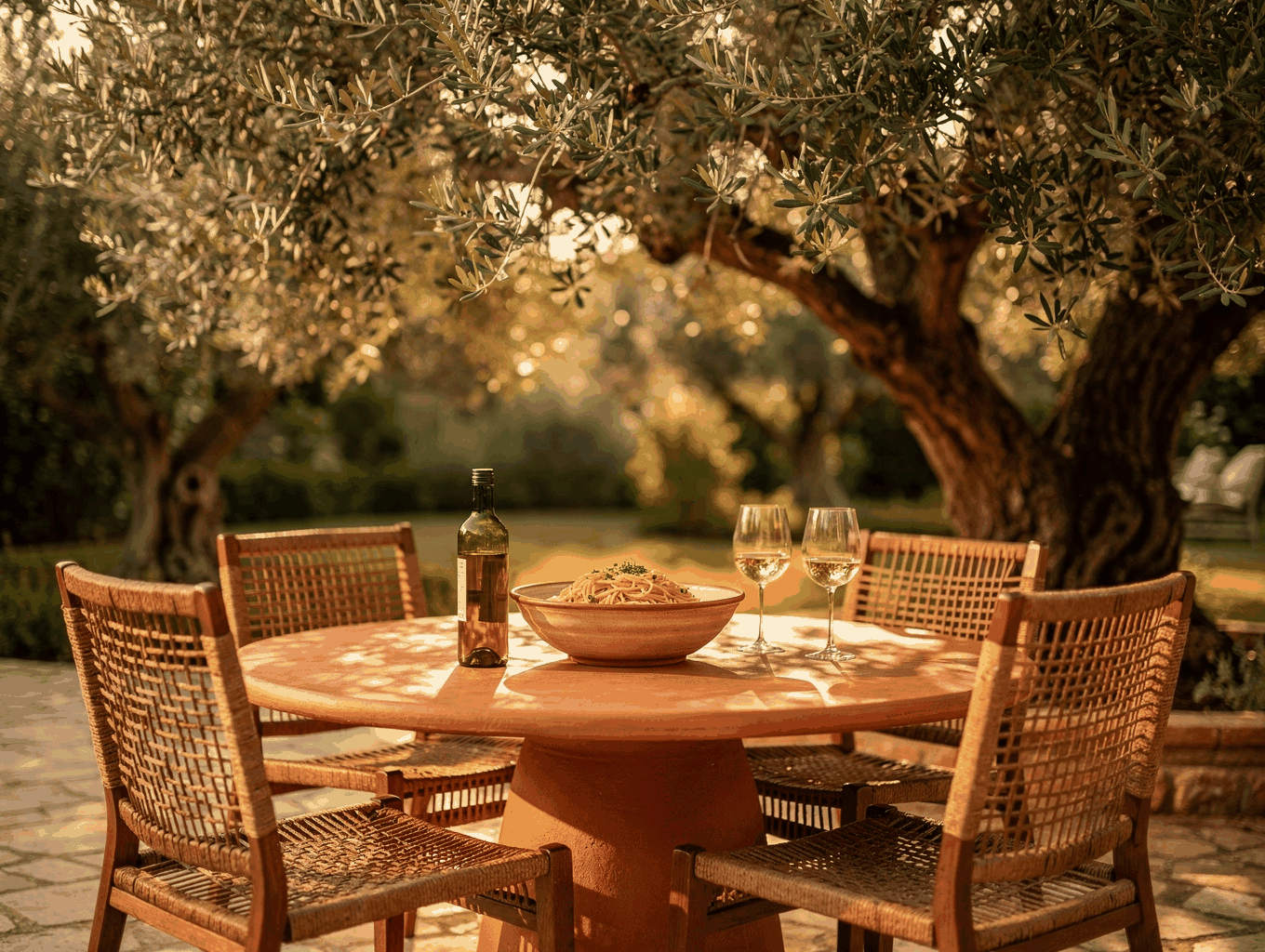 Outdoor patio dining area surrounded by lush olive trees