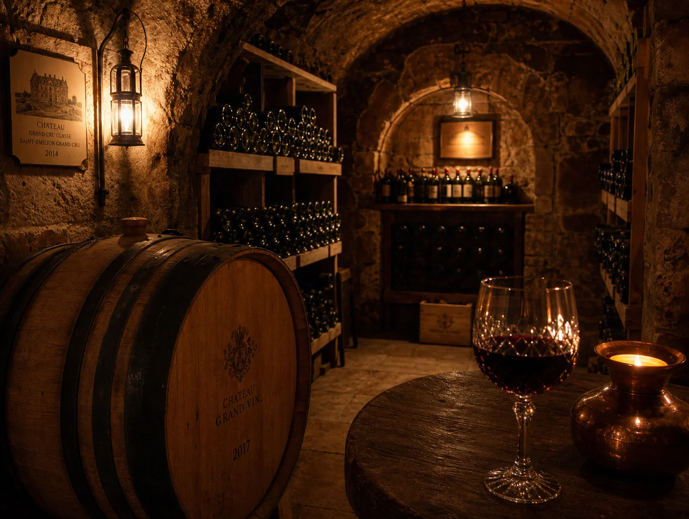 Cozy wine cellar nook with stone walls and warm ambient lighting